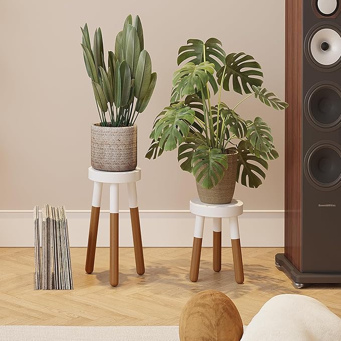 9" Reverse Dipped Wood Plant Stand, Wood Accent Stool,Milking Stool Set (12"+16" Tall)