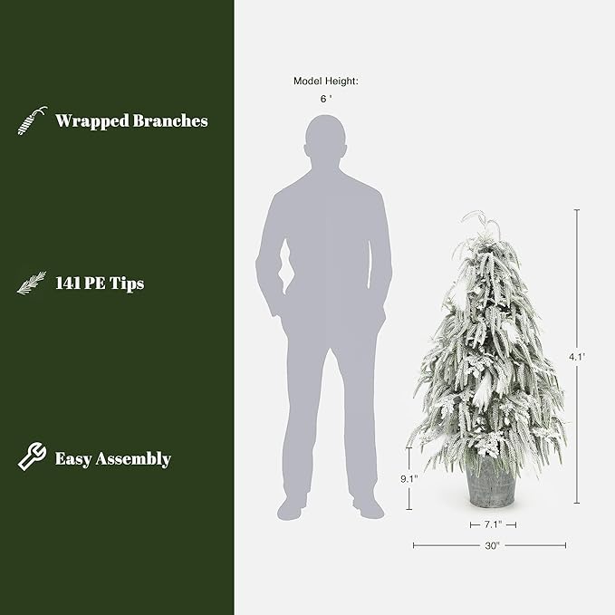 LuxenHome 4FT Unlit Flocked Christmas Tree, Small Potted Christmas Trees with Downswept Branches and Feather Accents, White Snowy Finish Stylish Faux Artificial Trees for Outdoors Holiday Decorations