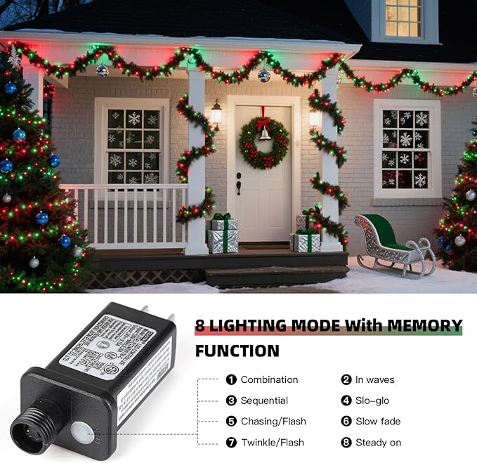 XTF2015 Christmas String Lights, 105ft 300 LED Christmas Lights 8 Modes Memory Function & Timer- UL Certified - Outdoor Indoor Christma s Fairy Lights for Tree, Garden, Party, Wedding(Red + Green)