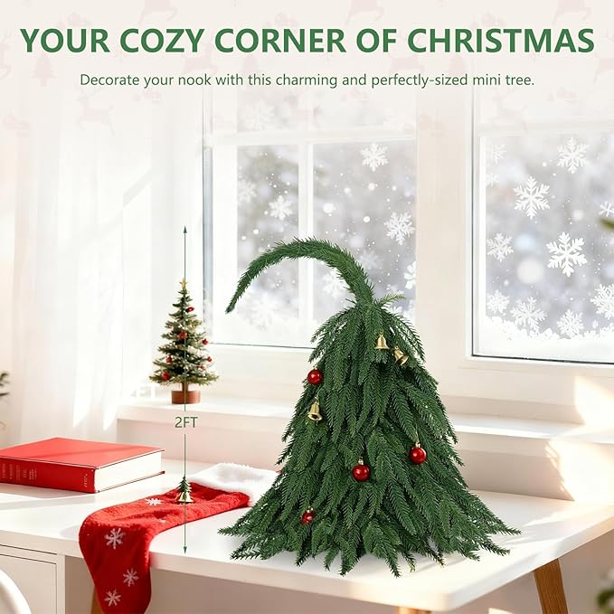 Tabletop Norfolk Pine Christmas Tree, 2FT Green Mini Artificial Christmas Topiary Tree with Norfolk Branch, Small Xmas Tree for Christmas Gnome Holiday Indoor Decoration