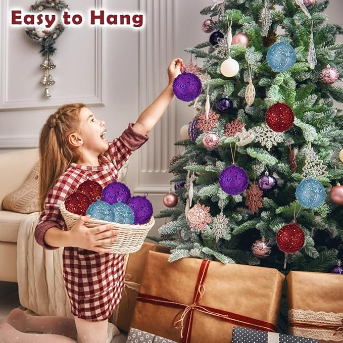 3.15" Large Christmas Balls Ornaments 6 Pcs Shatterproof Big Purple Christmas Ornaments for Xmas Tree Bulk Glitter Big Xmas Tree Ornament for Trees Halloween Holiday Wedding Party Decoration