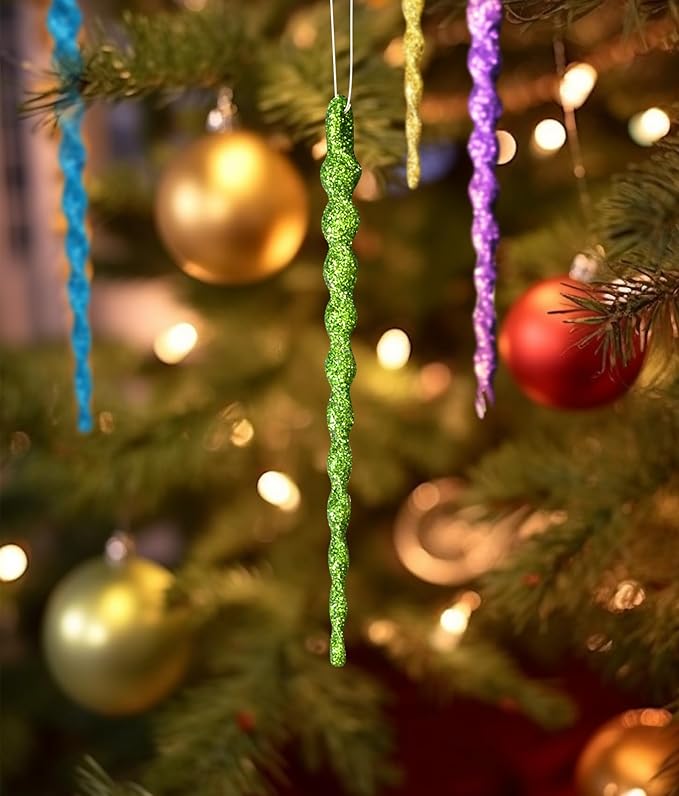 AMS Sparkling Glitter Plastic Icicle Ornaments 30 PCS Twisted Icicles Decoration Christmas Tree and Holiday Xmas Party Hanging (5.1'', Multi Color)