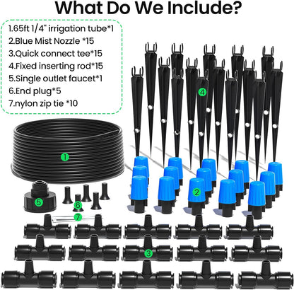 MIXC 65FT Greenhouse Watering System- Quick Efficient Connector Hanging Plant Watering System Automatic Mist Irrigation Kit with 1/4" Blank Tubing and Misting Nozzles