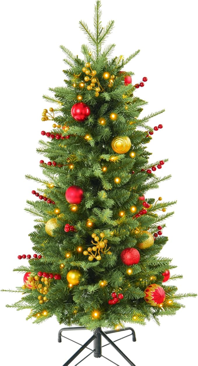 4ft Prelit Artificial Small Christmas Tree with Warm White Multi-Color LED Lights, Timer Battery Operated, Stand Balls & Pine Cone Slim Pencil Decoration Tree for Indoor/Outdoor