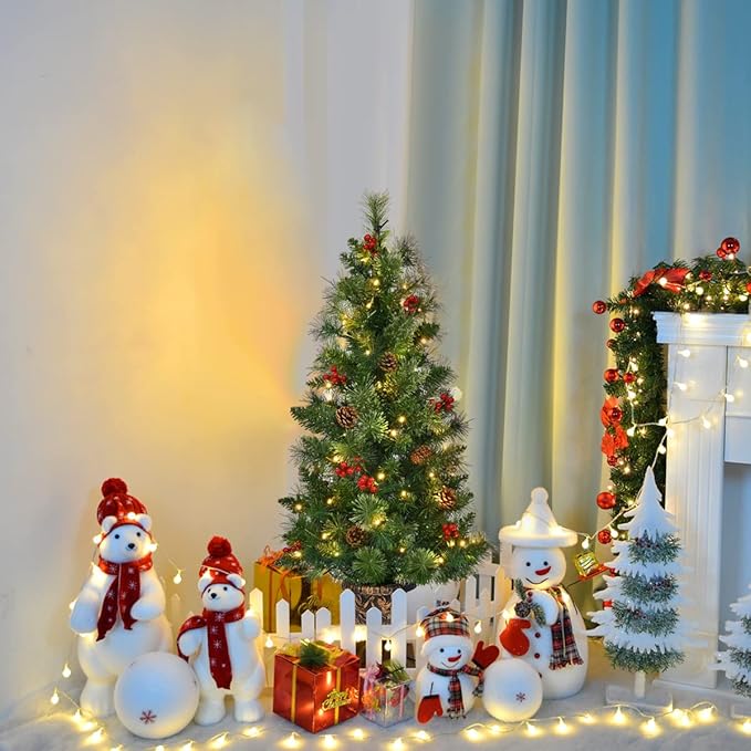 HAPPYGRILL 3FT Pre-Lit Artificial Christmas Tree with Urn Base, Artificial Xmas Tree with 100 Branch Tips, 40 Warm White Lights, Pine Cones, Red Berries, Front Door Porch Entryway Christmas Tree