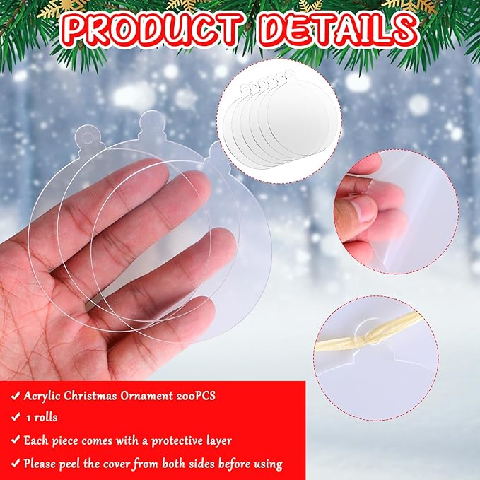 200 Pcs Christmas Acrylic Ornaments, Clear Ornaments DIY Blank Round Acrylic Ornament for Christmas Bauble Tree Decoration Tag Craft (3 Inches)