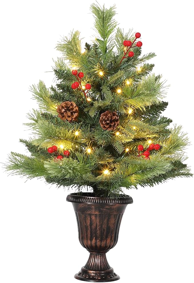 GarveeHome 2 Ft Artificial Mini Christmas Tree, Tabletop Christmas Tree with 40 LED Warm Lights, Mini Xmas Tree with Pine Cone & Red Berry for Tabletop, Home, Office, Holiday, Indoor and Outdoor Decor