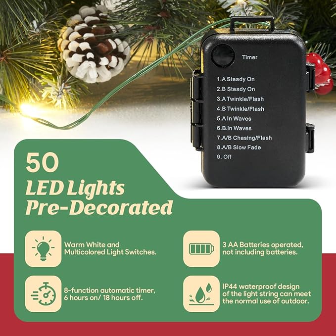 Set of 2 18 Inch Pre-lit Outdoor Christmas Tree with 50 Multi-Color Lights, Timer, Battery Operated Pre-Decorated Frosted Christmas Urn Filler for Pathway &Porch& Yard Decorations