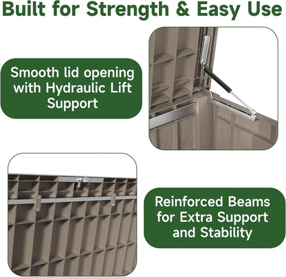 150 Gallon Outdoor Storage Box Waterproof, UV Resistant Resin Deck Box with Hydraulic Rod, Reinforced Stability for Patio, Garden, and Pool, Striped Gray