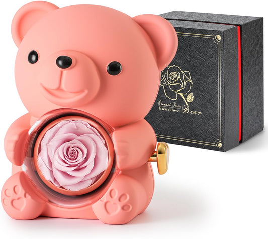 Cute Teddy Bear with Preserved Rose - A Real Rose Flower in Bear with Elegant Gift Box - Romantic Gift for Her in Mother's Day, Weddings, Anniversaries, and Bridal Showers (Pink)