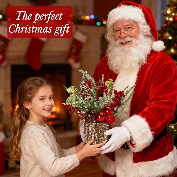 Small Christmas Tree for Tabletop, Artificial Mini Christmas Tree Decorations with Red Berry Pine Cone Pine Picks, Xmas Ornaments Indoor Home Holiday Decor (1 Pack)