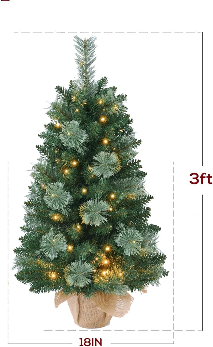 3FT Pre-lit Artificial Small Mini Christmas Tree with Warm White Multi-Color LED Lights, Remote Control and Timer, Perfect for Xmas Tabletop Decorations, Home, Kitchen, Dining Table top Green