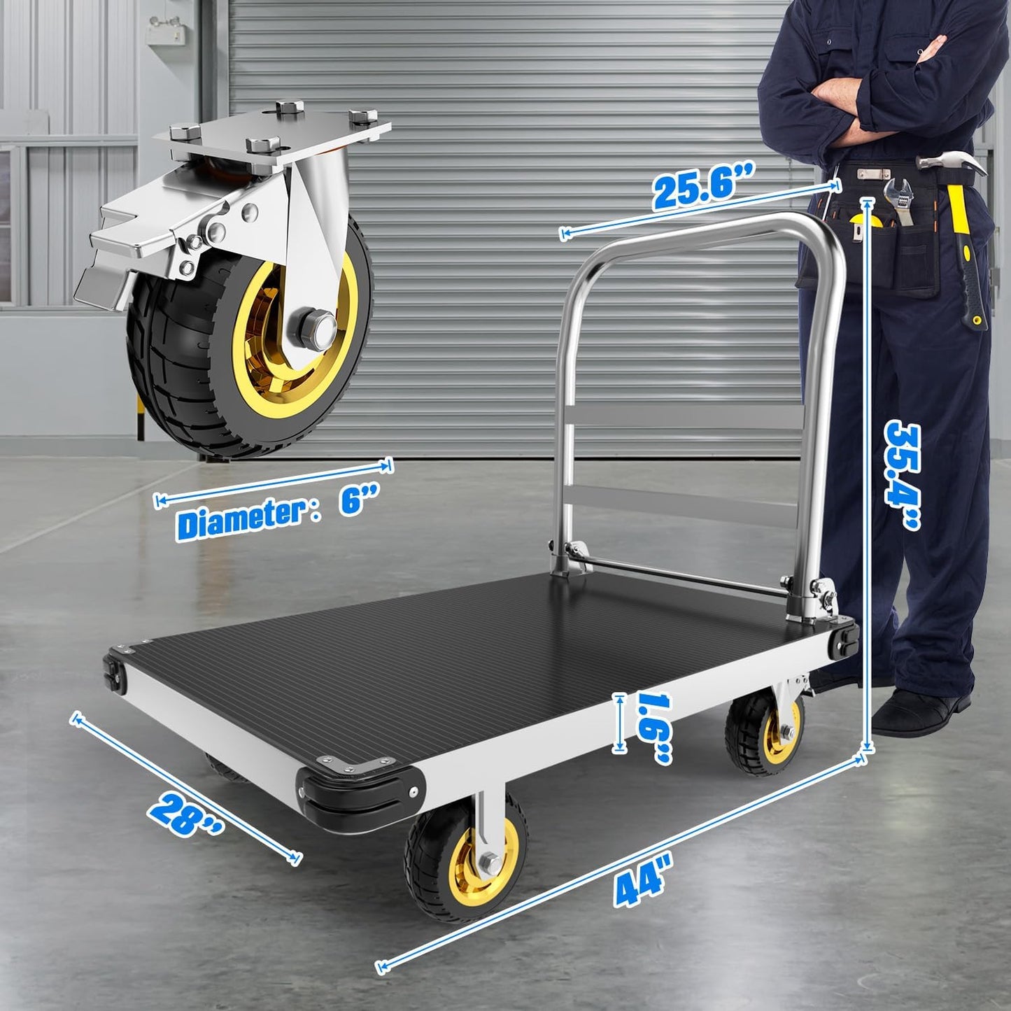 Extra Large Platform Truck Cart, 44 x 28 Heavy Duty Push Cart Dolly 2500 LBS Capacity, Flat Cart with Non-Slip Mat and 6" Swivel Brake Wheels