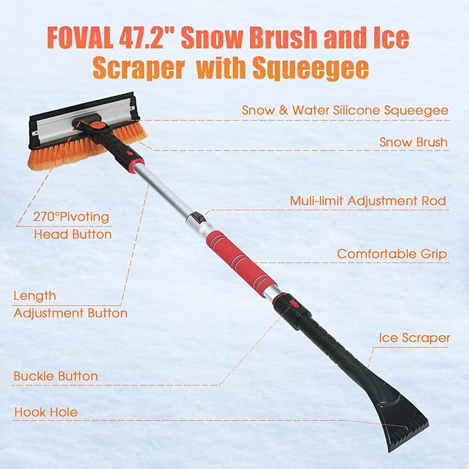 FOVAL 47.2" Extendable Ice Scraper Snow Brush with Squeegee for Windshield Window Car Trucks SUVs, 270° Pivoting Brush Head, Essential Winter Tool Ice Snow Remover with Comfortable Foam Grip