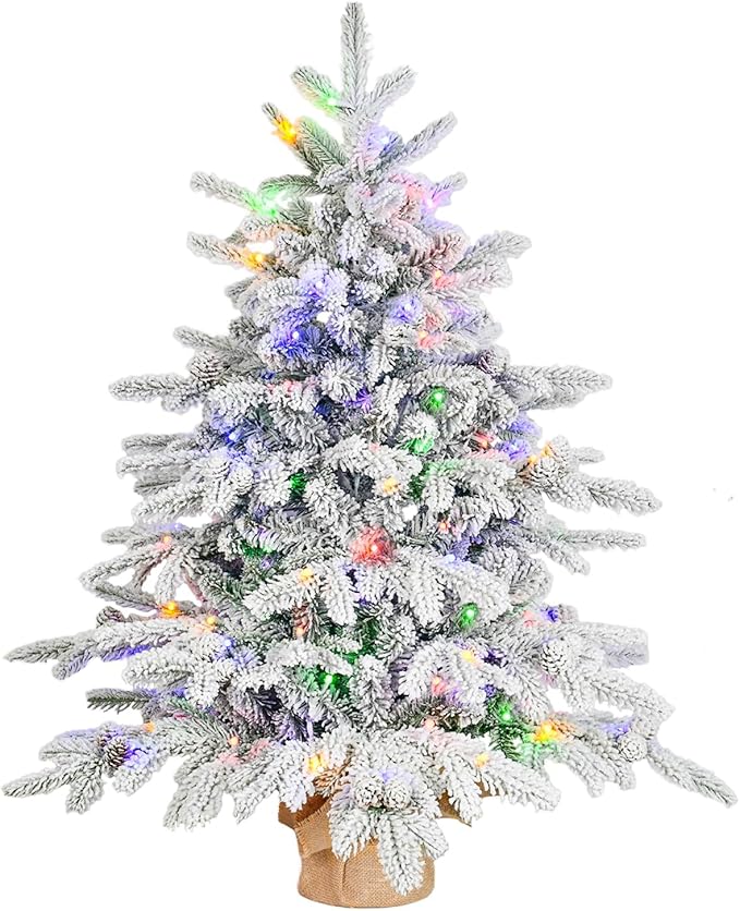 Prelit Flocked Christmas Tree, Artificial Small Christmas Tree with Led Lights, Frosted LED Xmas Tree with Snow (3FT-Lights)