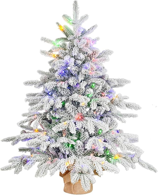 Prelit Flocked Christmas Tree, Artificial Small Christmas Tree with Led Lights, Frosted LED Xmas Tree with Snow (3FT-Lights)