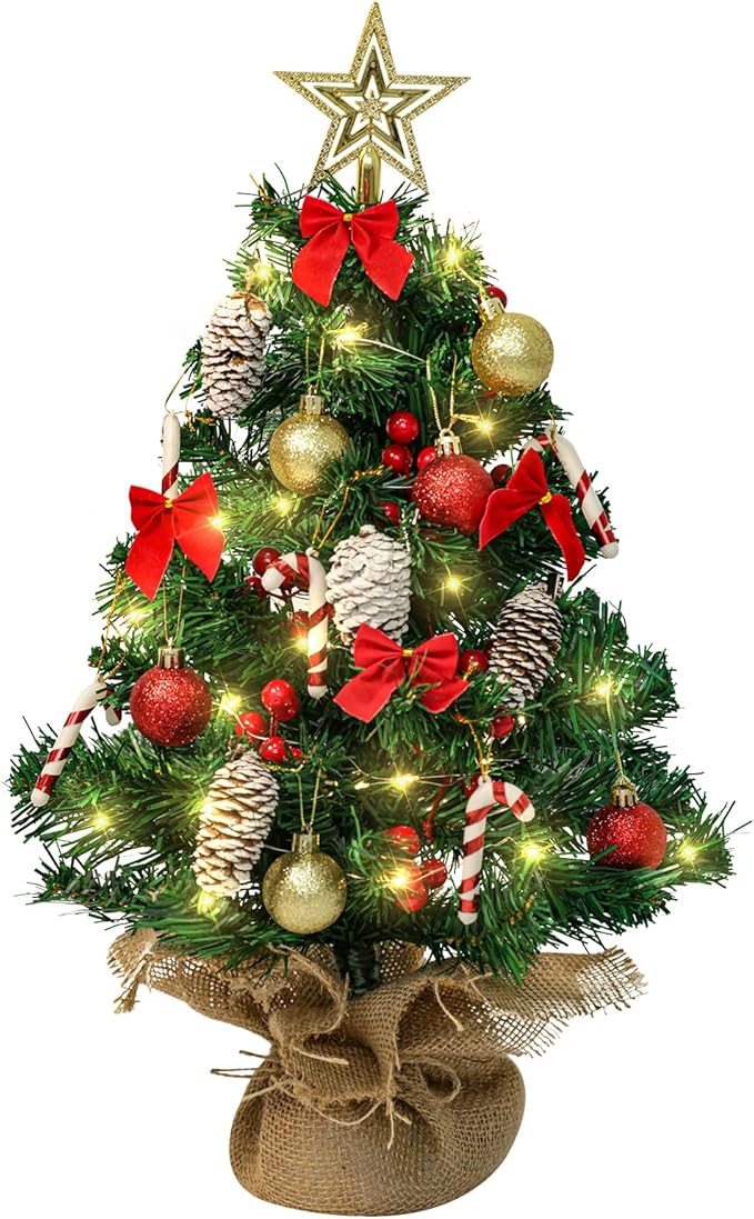 24 Inch Mini Artificial Christmas Tree with LED String Lights, Star Topper and Hanging Ornaments - Tabletop Christmas Tree for Holiday DIY Decorations