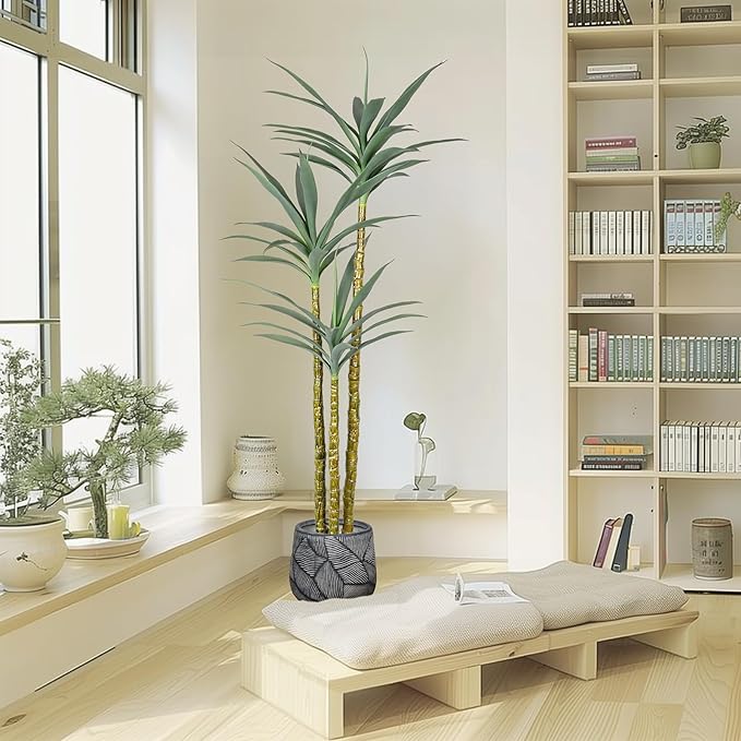 Artificial Agave Plant 5Ft Artificial Tree, Indoor Large Fake Plant 7 Head in Black Plastic Planter, 60in Faux Plants for Indoor or Outdoor Office Decoration Housewarming Green Tree