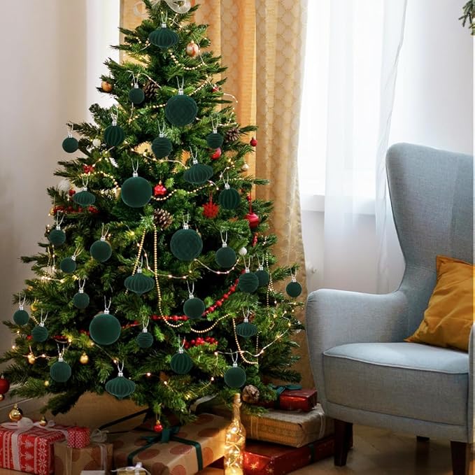 28PCS Velvet Christmas Balls Ornaments, Flocked Shatterproof Dark Green Xmas Tree Hanging Decoration Plastic Ball Set Bulk Ornament for Winter Trees Holiday Party Home Wreath Decor