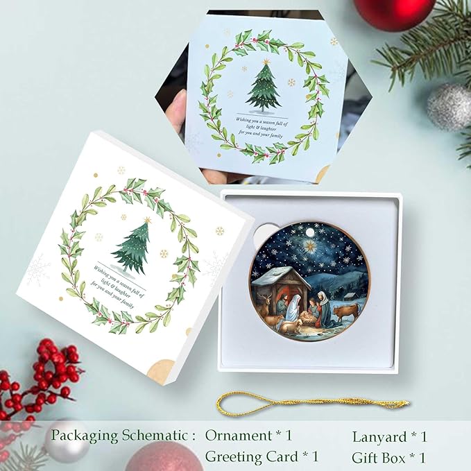 Nativity Night Ornaments Round Ceramic Silent Night Birth of Jesus Christ Ornament Christmas Keepsake Decor for Christmas Tree Winter Holiday Xmas Gift for Women Men Xmas Hanging Ornament 3"