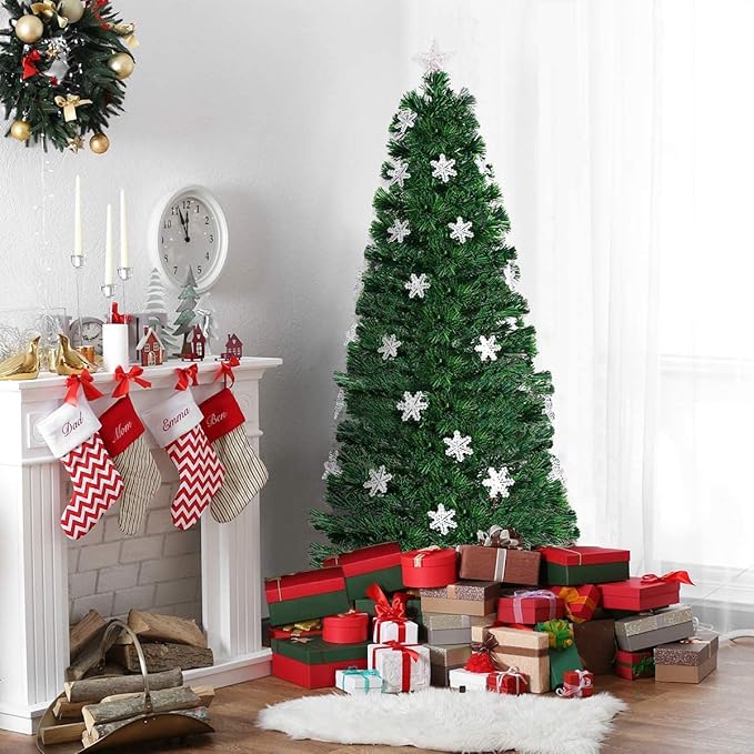Happygrill 5FT Pre-lit Christmas Tree Fiber Optic Christmas Tree Artificial Spruce Tree Green Xmas Tree with Star Lights, Metal Stand, Full Xmas Tree for Holiday Decoration