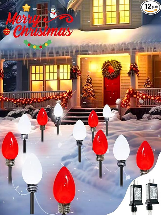 12 Pack Large C9 Christmas Decorations Outdoor, Waterproof C9 Christmas Lights Plug in with 2 Modes and Timer, Pathway Light for Party Indoor Yard Patio Walkway Garden Xmas Decoration (Red and White)