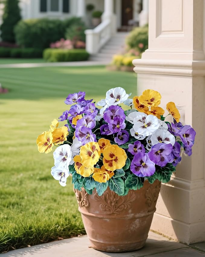 6 Bundles Outdoor Artificial Pansy Flowers - UV Resistant Silk Faux Pansies (Purple, Yellow, White) for Planter, Front Door, Porch, Yard, Patio, Window Box & Home Decor