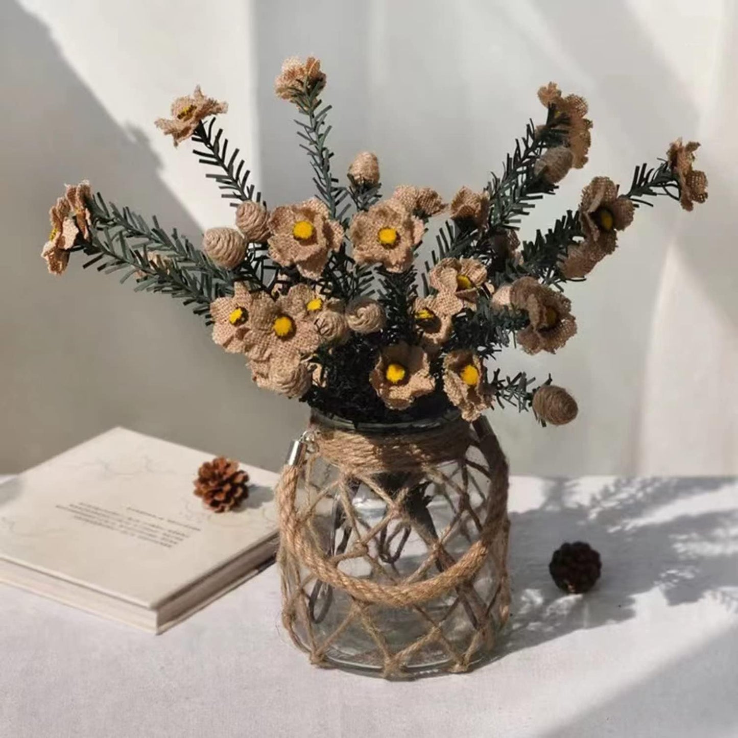 Rustic Hanging Mason Nautical Jar Creative Rope Net Dry Flower Glass Vase with Handle 6.5 Inch