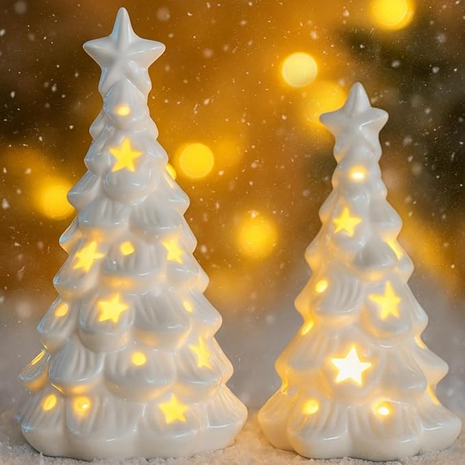 White Ceramic Christmas Trees with Lights, 2Pcs Light Up Table Top Porcelain Christmas Tree, Tabletop Mini Xmas Tree Figurines for Modern Home Decoration