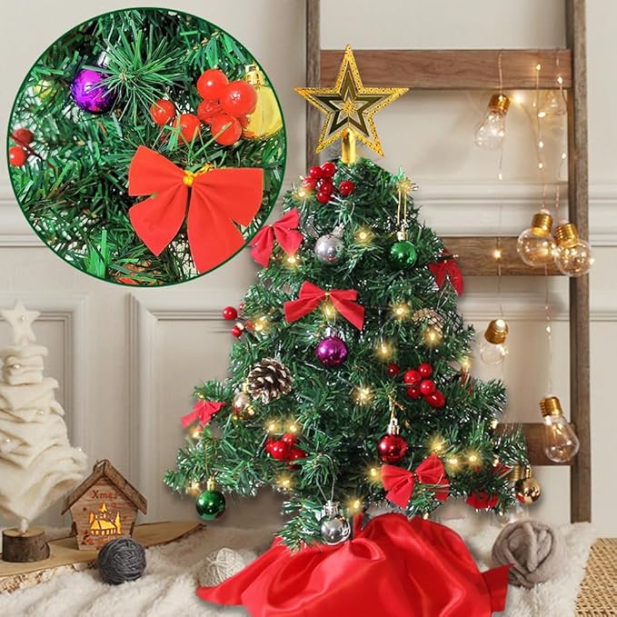 Juegoal 24 Inch Mini Christmas Tree Set, Table Top Artificial Christmas Trees with 50 LED Lights, Ornaments and Red Berries, Best DIY Christmas Decorations
