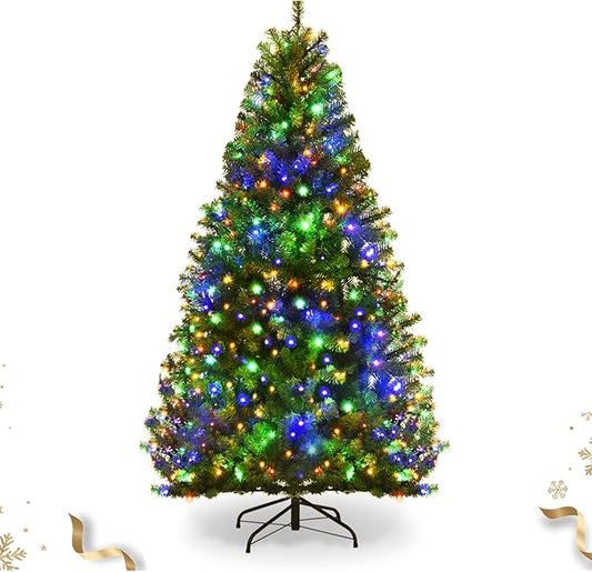 HAPPYGRILL 5FT Pre-lit Artificial Christmas Tree with 600 PVC Branch Tips, Foldable Base, Premium Hinged Spruce Xmas Tree with 11 Color Modes Lights for Holiday Decoration
