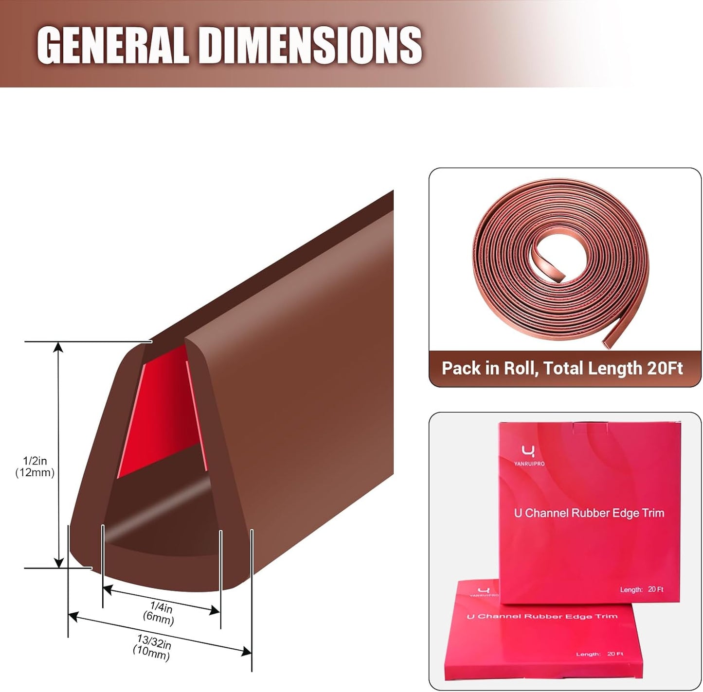 Rubber Edge Trim, Flexible Edge Trim for Sharp Edge, 1/4" U Channel Edge Protector, Self-Adhesive Edge Guards for Plywood, Glass, Flexi-Glass and Sheet Metal Parts, 20Ft, Brown Color