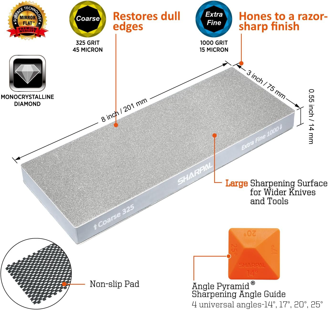 SHARPAL 168H Large 8" x 3" Dual-Grit Diamond Sharpening Stone – Coarse 325 & Extra-Fine 1000 Grit Monocrystalline Diamond Whetstone, Professional Knife Sharpener with Anti-Slip Pad and Angle Guide