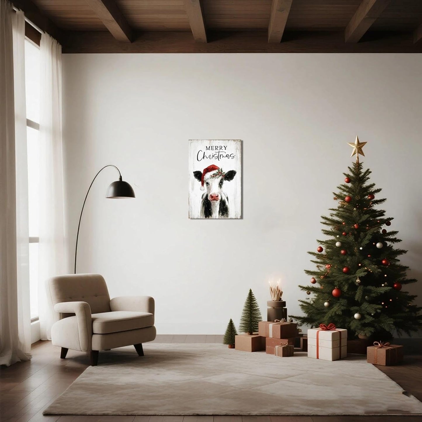 Christmas Cow Canvas Wall Art – Framed Farmhouse Decor for Xmas, Ready to Hang Print Holiday Gifts for Bedroom & Living Room Indoor 16x24Inch