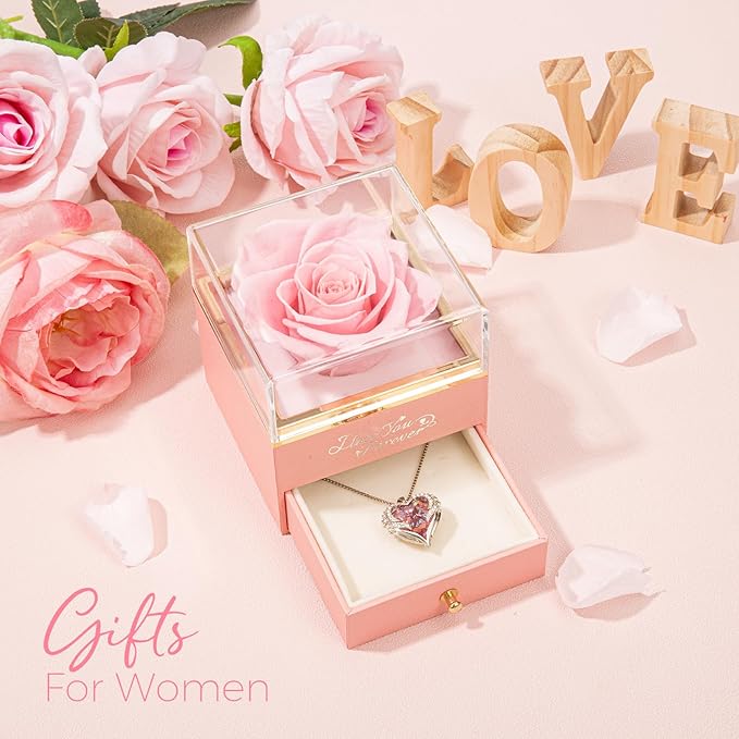 NEWNOVE Preserved Real Pink Rose with Angel Wings Necklace -Forever Flowers Gifts for Women Wife Girlfriend Mom and Grandma, Anniversary Birthday Gifts for Women