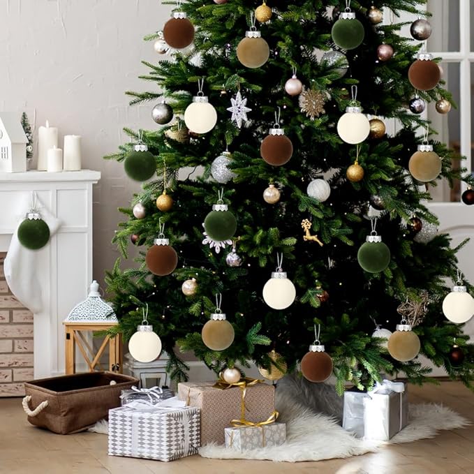 YUJUN 12 PCS Christmas Large Velvet Balls Ornaments 2.36In Shatterproof White Green Tree Hanging Plastic Ball Set Xmas Bulk Flocked Ornaments for Christmas Tree Home Party Wreath Decorations