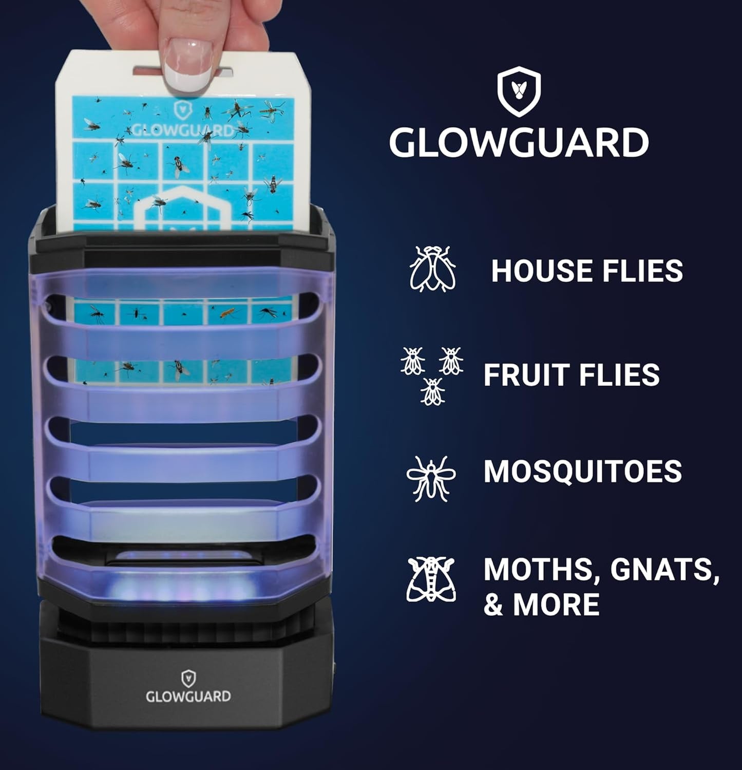 GlowGuard Cordless Flying Insect Trap Catches Fruit Flies, Indoor Gnat Killer, Magnet for Moths & Mosquitos in Dark, 1 Rechargeable Trap + 4 Dual-Sided Sticky Pad Refills, 30Hr 5000mAh Battery (Black)