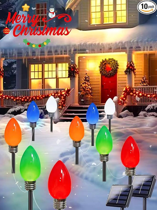 10 Pack Large C9 Christmas Decorations Outdoor Waterproof, Solar C9 Christmas Lights Outdoor with 2 Modes, Solar Pathway Lights for Outside Party Yard Lawn Patio Walkway Xmas Decoration (Multicolor)