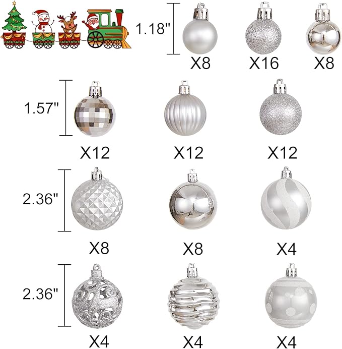 100PCS Christmas Ball Ornaments, Assorted Shatterproof Christmas Tree Decorations, Seasonal Decorative Hanging Baubles Decor Set for Xmas/Holiday/Party, Glitter&Painting Ornament Set (Silver)