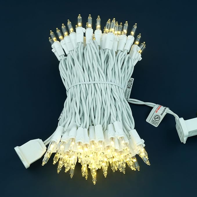 YULETIME 100 Count Clear Warm White Christmas Lights, 33 Feet White Wire UL Certified Incandescent-Like LED Mini String Lights