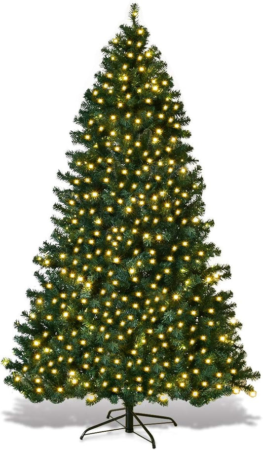 HAPPYGRILL 7FT Pre-lit Christmas Tree Artificial Hinged Xmas Tree for Home Holiday Décor Metal Stand PVC Material 300 LED Lights 1096 Branches Easy Setup & Storage