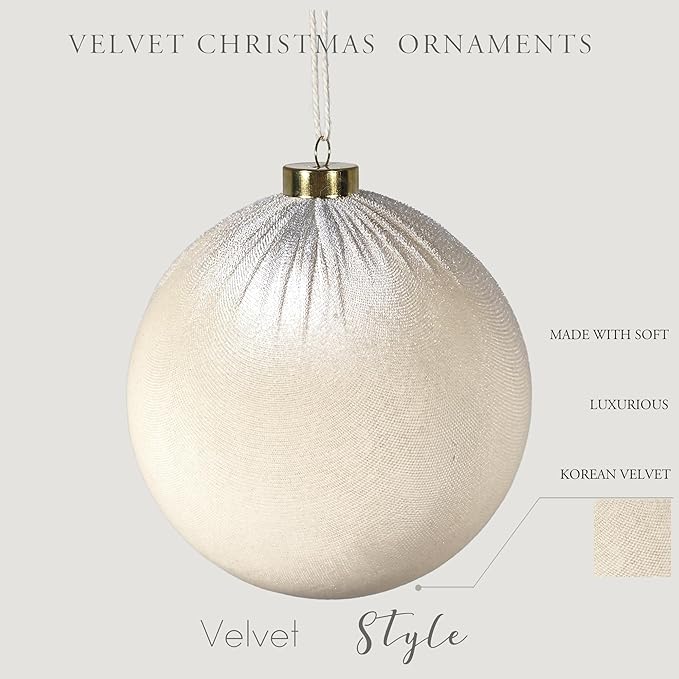 4PCS White Velvet Christmas Ornaments Set – 6 Inch Large Flocked Shatterproof Baubles for Xmas Tree Decoration, Hanging Ornaments for Holiday & Home Décor (Ivory White, 6 Inch / 15 cm)