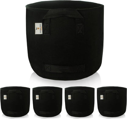 Grow Bags: 5-Pack (Size: 7 Gallon): 300gsm Black Felt Fabric, Biodegradable and eco-Friendly Material. (Handles + Dumping Handles-pat.Pend).