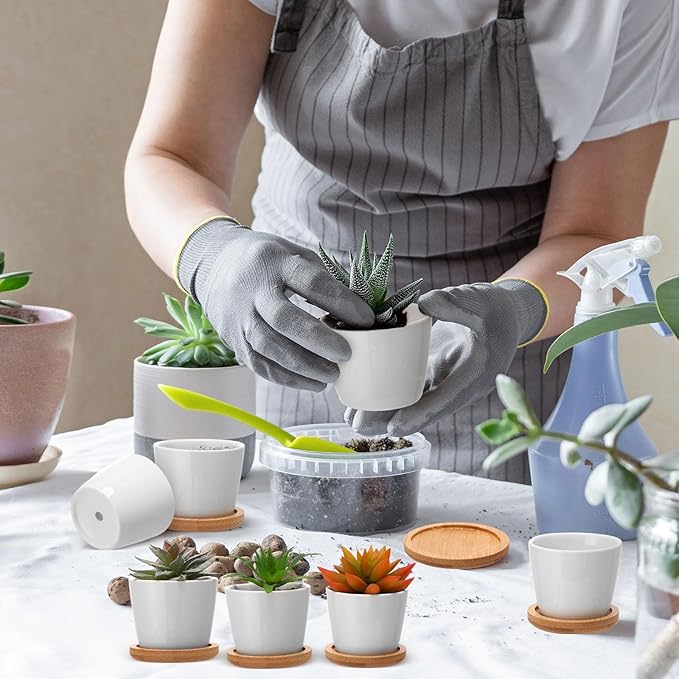 Hsei 24 Pack 2.5 Inch Mini Succulent Plant Pots Small Ceramic Flower Pot with Bamboo Tray Garden Cactus Herb Container, Home Office Decoration for Christmas Birthday Wedding Favor Gifts (White)
