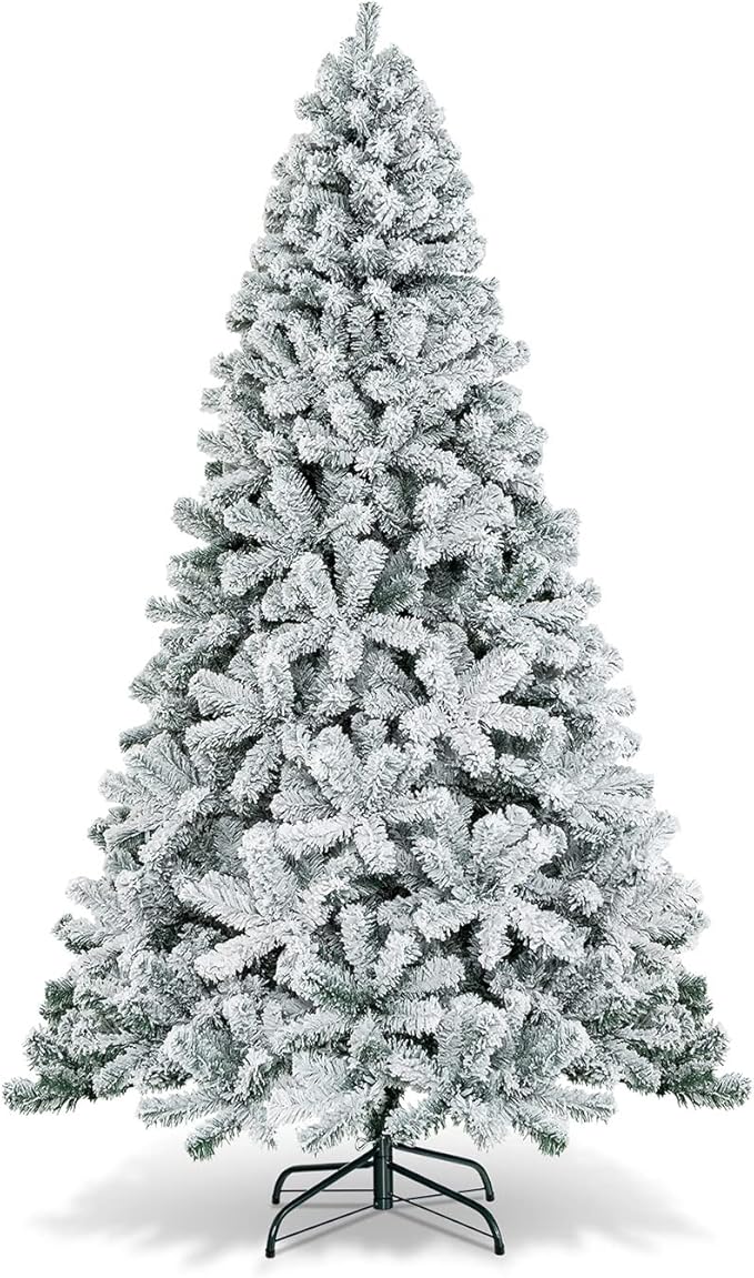 HAPPYGRILL 7.5 Feet Flocked Christmas Tree Artificial Xmas Tree with 1010 PVC Branch Tips, Hinged Xmas Tree Life-Like Seasonal Holiday Tree for Home Office