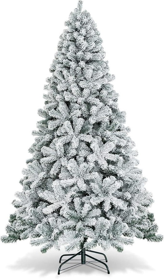HAPPYGRILL 7.5 Feet Flocked Christmas Tree Artificial Xmas Tree with 1010 PVC Branch Tips, Hinged Xmas Tree Life-Like Seasonal Holiday Tree for Home Office