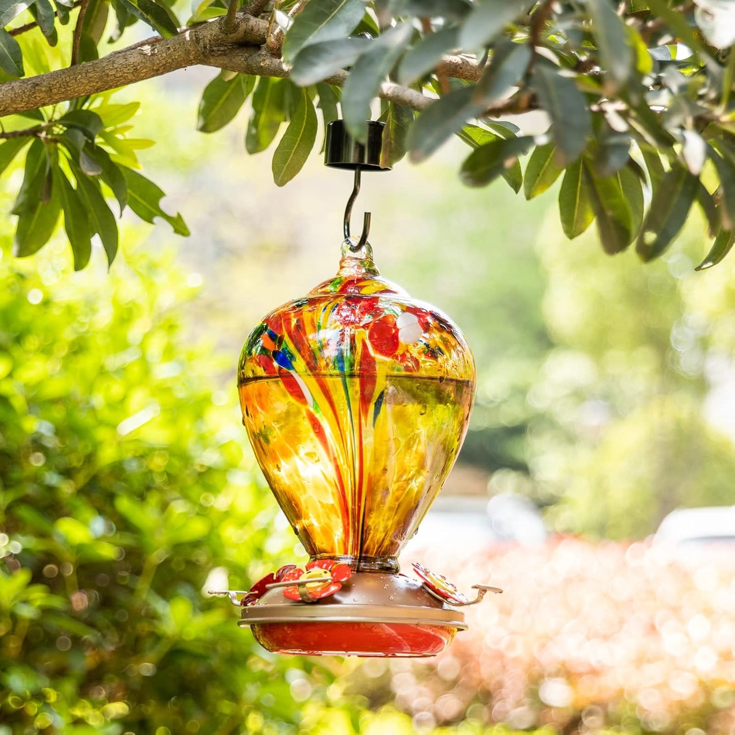 Hummingbird Feeder, 34OZ Hand Blown Glass Hummingbird Feeders for Outdoors Hanging, 4 Feeding Perch with Ant Moat Leakproof, Garden Yard Decor Gifts for Women Mom (Golden Balloon)