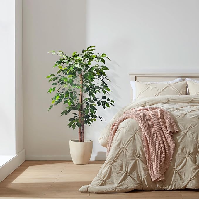 2Packs 4FT Artificial Ficus Trees with Realistic Leaves and Natural Trunk, Faux Ficus Tree with Sturdy Plastic Nursery Pot, Fake Ficus Tree for Office Home Farmhouse for Indoor Outdoor Decor