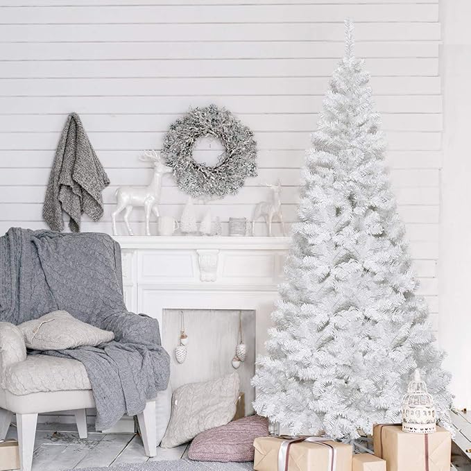 HAPPYGRILL 6FT Unlit White Artificial Christmas Tree with Solid Metal Stand, PVC Material 650 Branches Xmas Tree