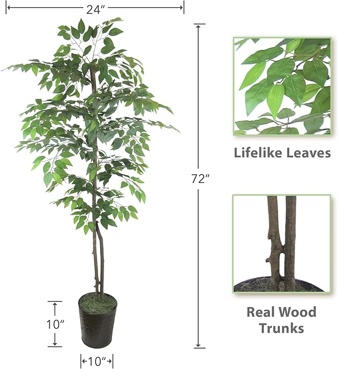 6ft Artificial Ficus Tree in Black Metal Pot - Real Wood Trunk, Preassembled, No Maintenance Indoor Faux Plant - Living Room, Home & Office Decor